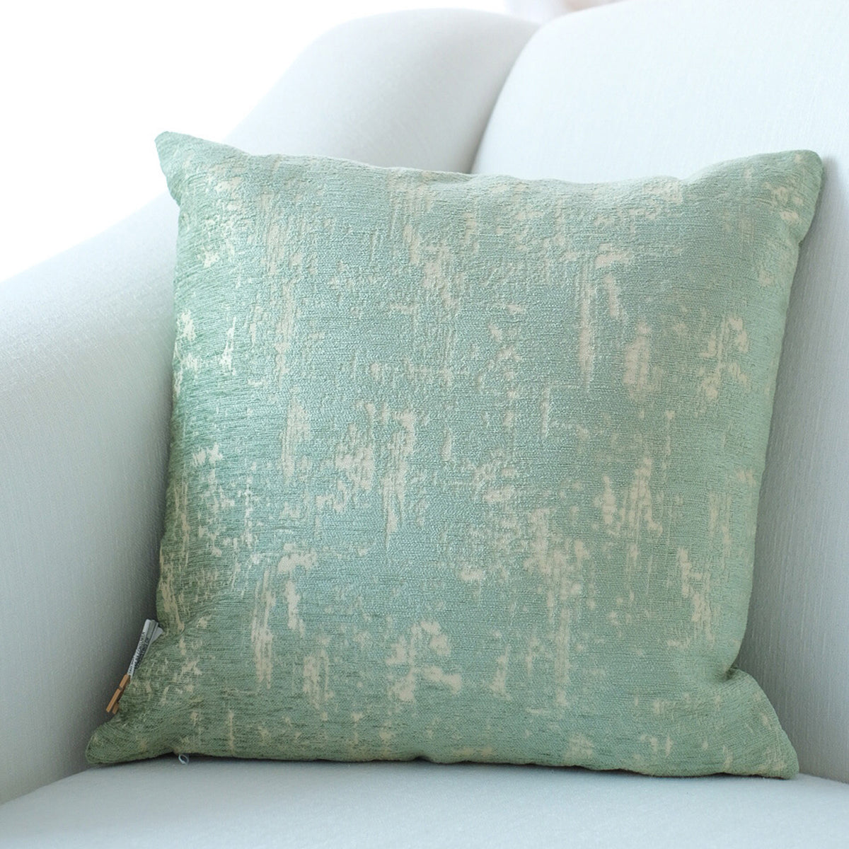 Decorative Chenille Throw Pillow Case with Abstract Chalk Line in Mint and Beige Furnings